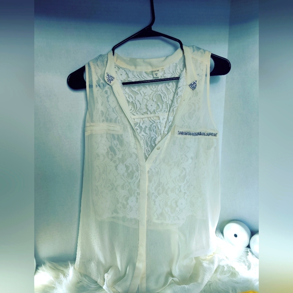 GUESS *M* LACE/SHEER **CLASSY** CONSERVATIVE TANK TOP RHINESTONE  BELLISHED